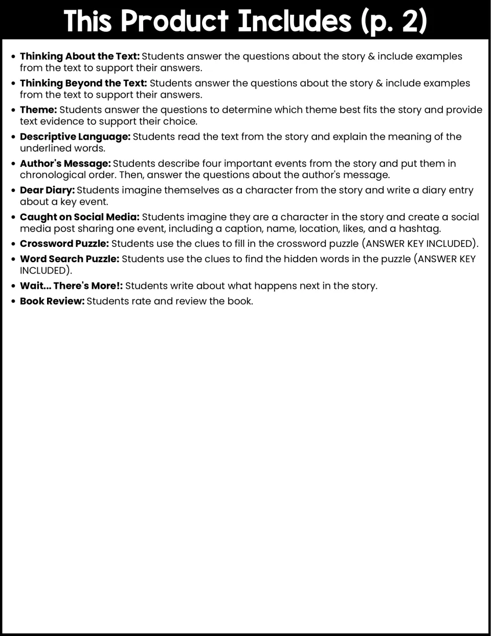 Activity overview continues with text questions, theme, descriptive language, writing, puzzles, and book review.
