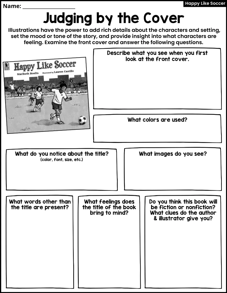 Judging by the Cover activity asks about cover images, colors, title details, feelings, and fiction clues.