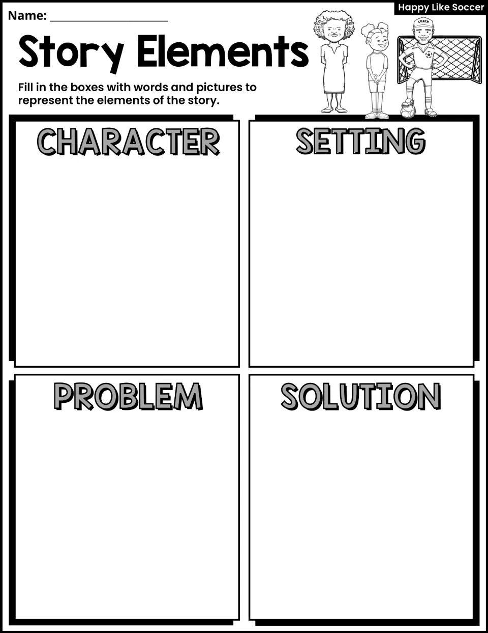 Story Elements activity asks students to use words and pictures for character, setting, problem, and solution.