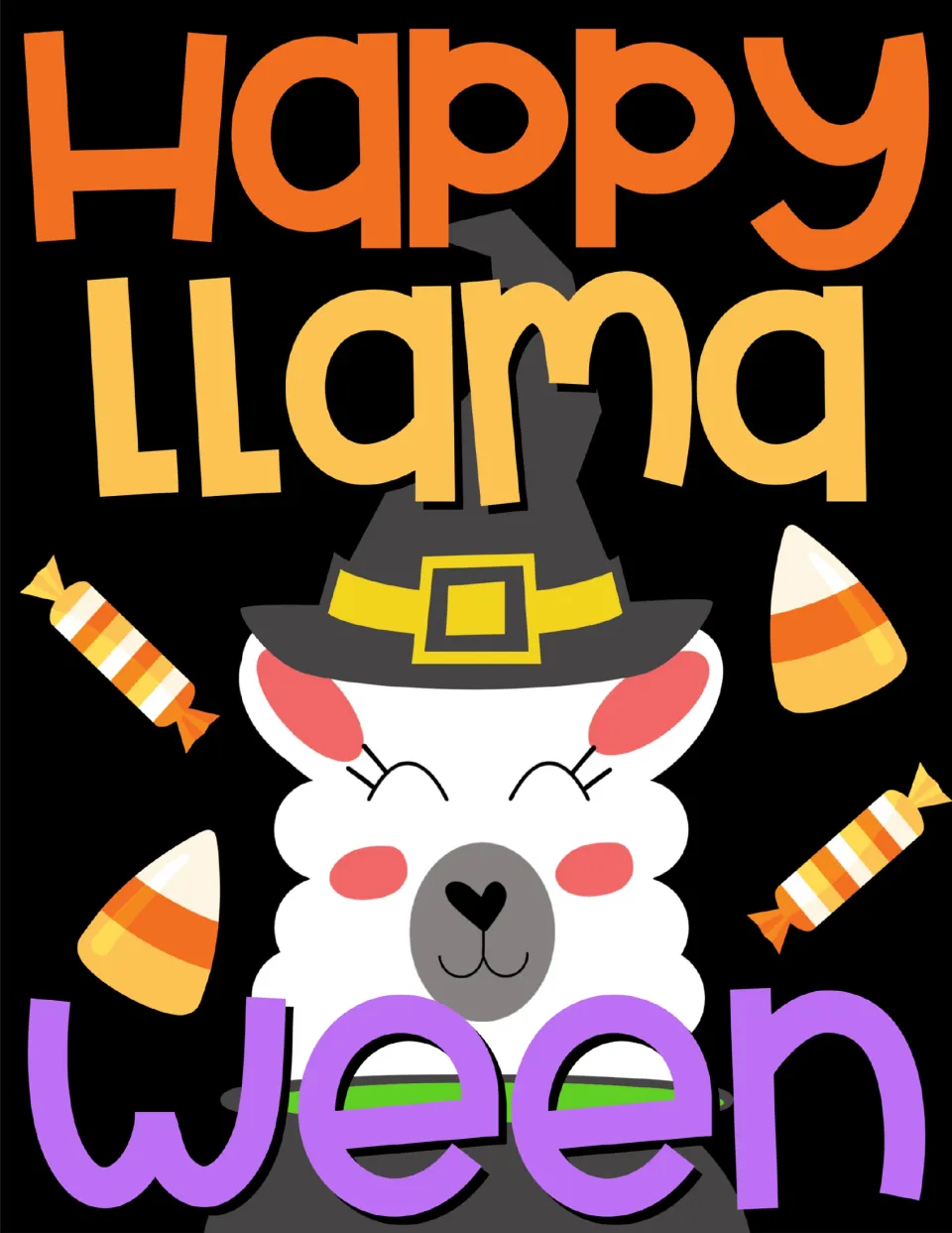 Color Happy Llamaween poster: a smiling llama in a witch hat and cauldron surrounded by candy corn and wrapped candies