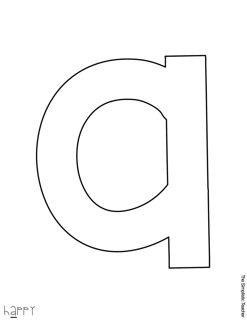 Outline template of a lowercase letter a from the word 'happy', printed full page to cut out for the door lettering