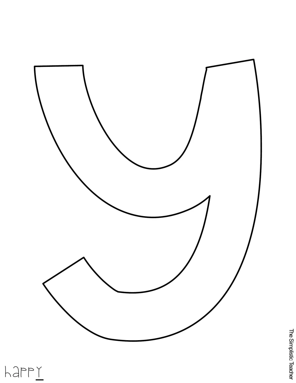 Outline template of a lowercase letter y that ends the word 'happy', sized to fill the page for cutting out and mounting