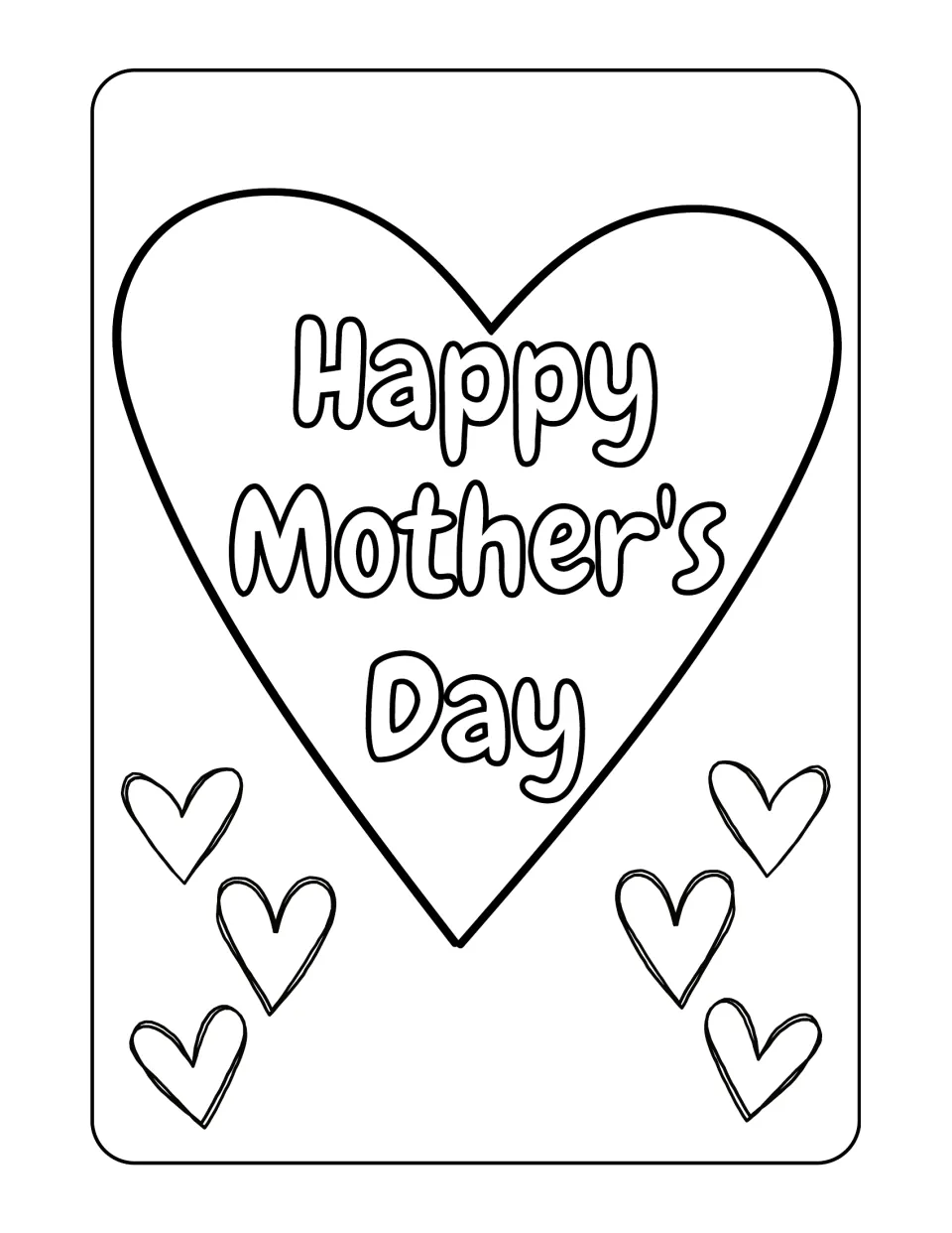 Large heart framing the words "Happy Mother's Day" in bubble letters, with six small hearts to color along the bottom