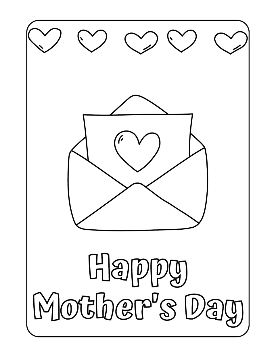 Open envelope with a heart letter to color, under a row of five hearts and above bubble-letter "Happy Mother's Day"