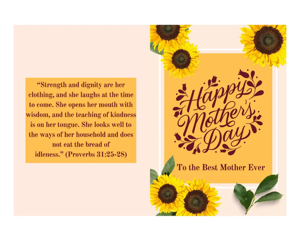 Sunflower Mother's Day card in peach and gold reading 'To the Best Mother Ever', with Proverbs 31:25-28 verse panel