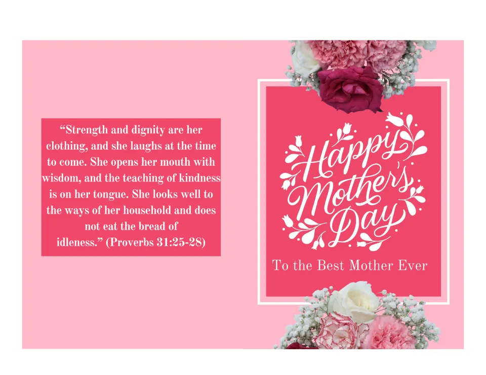 Pink Mother's Day card with carnations and roses, 'To the Best Mother Ever' on front and Proverbs 31:25-28 verse inside