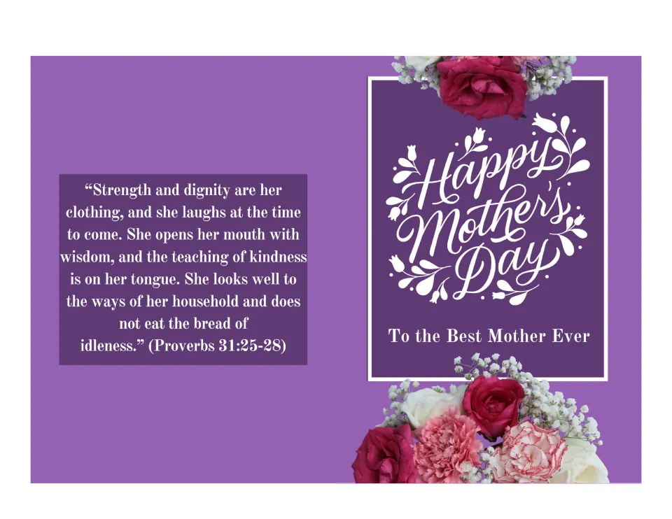 Purple Mother's Day card with red roses and carnations, 'To the Best Mother Ever' front and Proverbs 31:25-28 verse