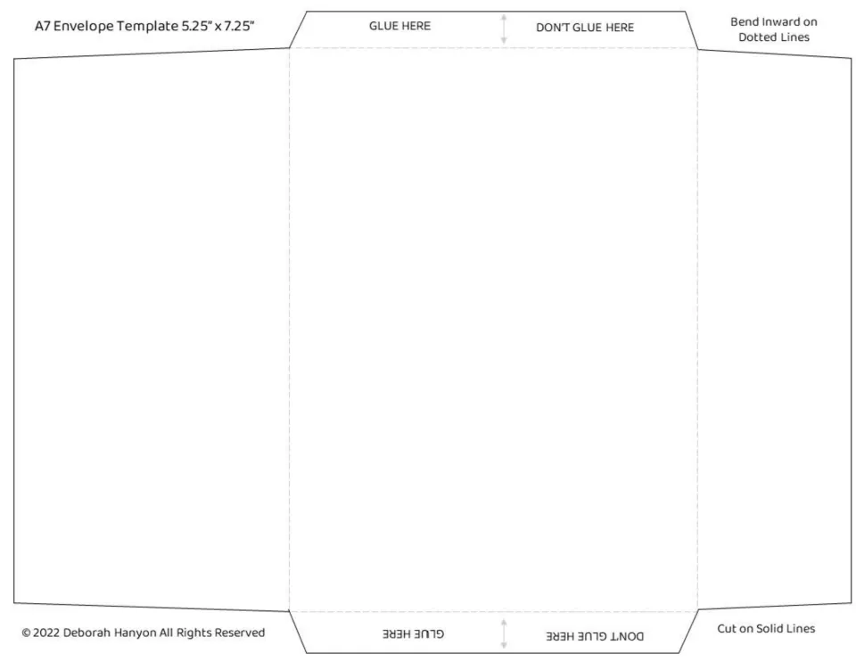 A7 envelope template, 5.25 x 7.25 inches: students cut on solid lines, bend on dotted lines and glue marked flaps