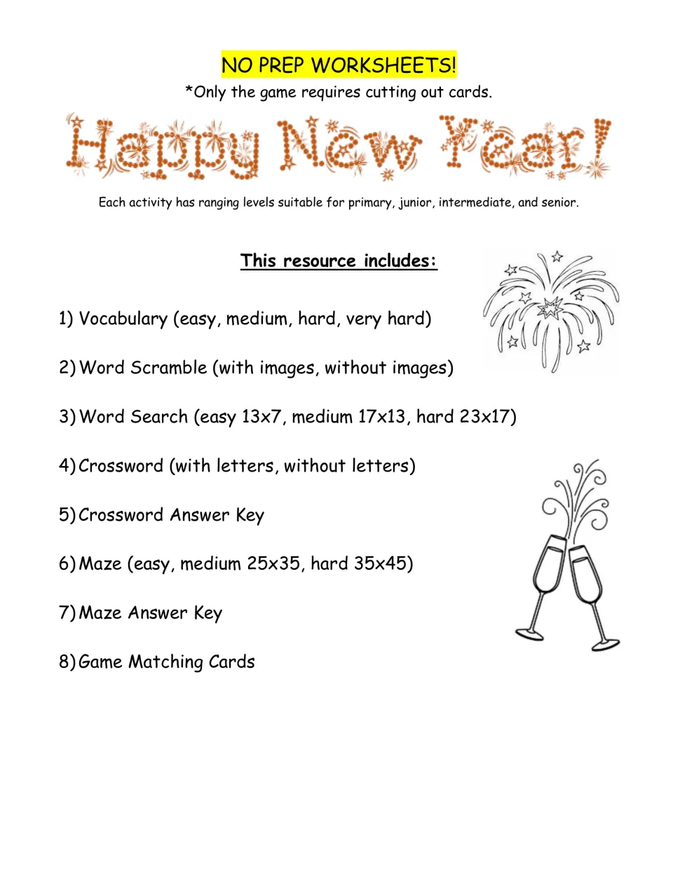 New Year's packet overview lists vocabulary, word scrambles, word searches, crosswords, mazes, and matching cards.