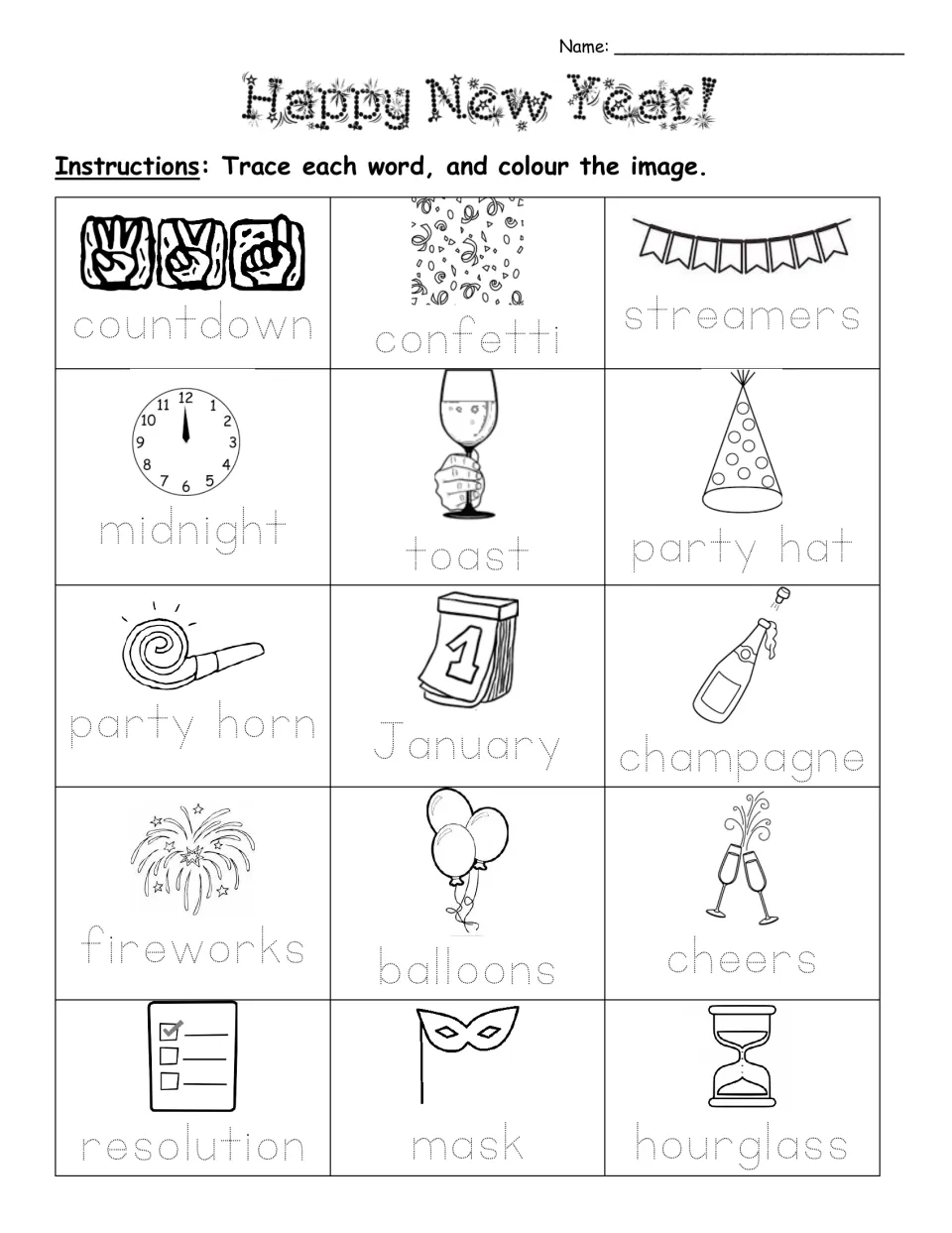 New Year's vocabulary tracing practice pairs 15 pictures with words, including countdown, confetti, and midnight.