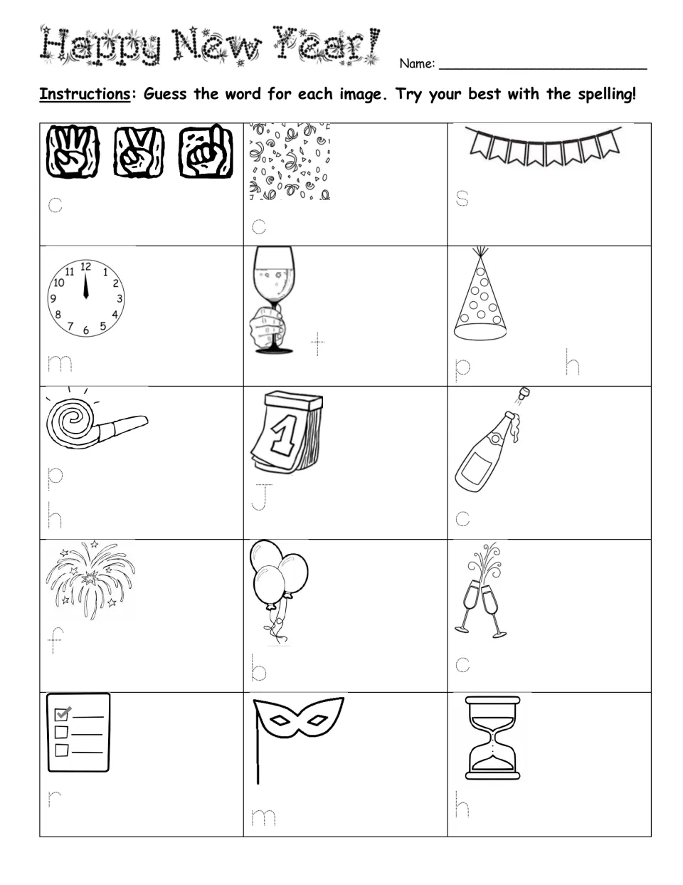 New Year's vocabulary practice gives initial letters for naming 15 pictures, including a party hat and hourglass.