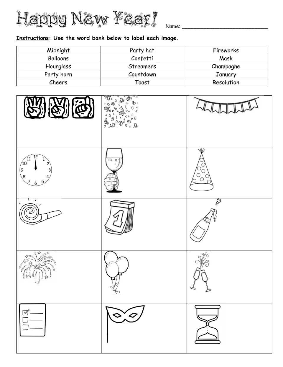 New Year's vocabulary practice uses a 15-term word bank to label pictures, including fireworks, toast, and January.