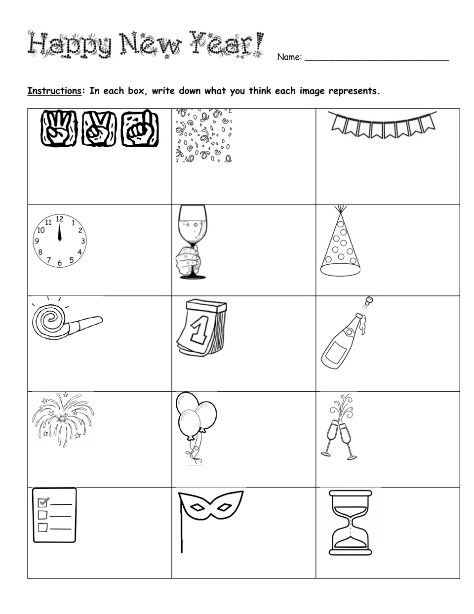 New Year's vocabulary practice asks students to name 15 pictures without word clues, including confetti and a mask.