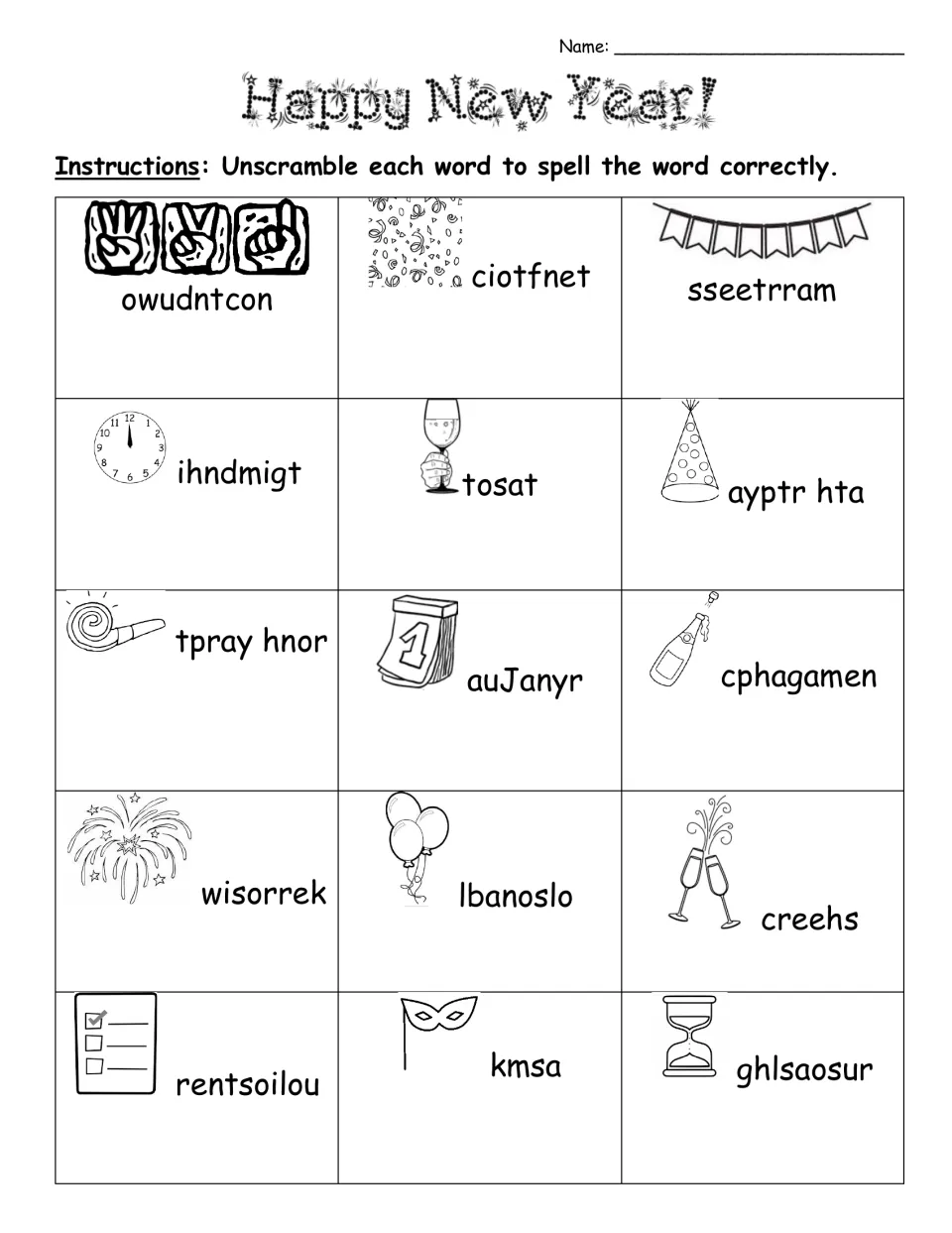 New Year's word scramble provides picture clues for 15 terms, including countdown, party horn, and resolution.