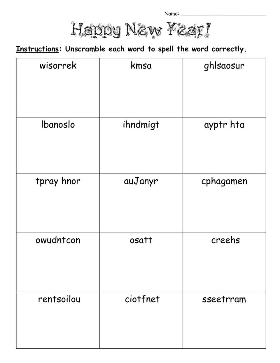 New Year's word scramble presents 15 terms without picture clues, including fireworks, mask, hourglass, and toast.
