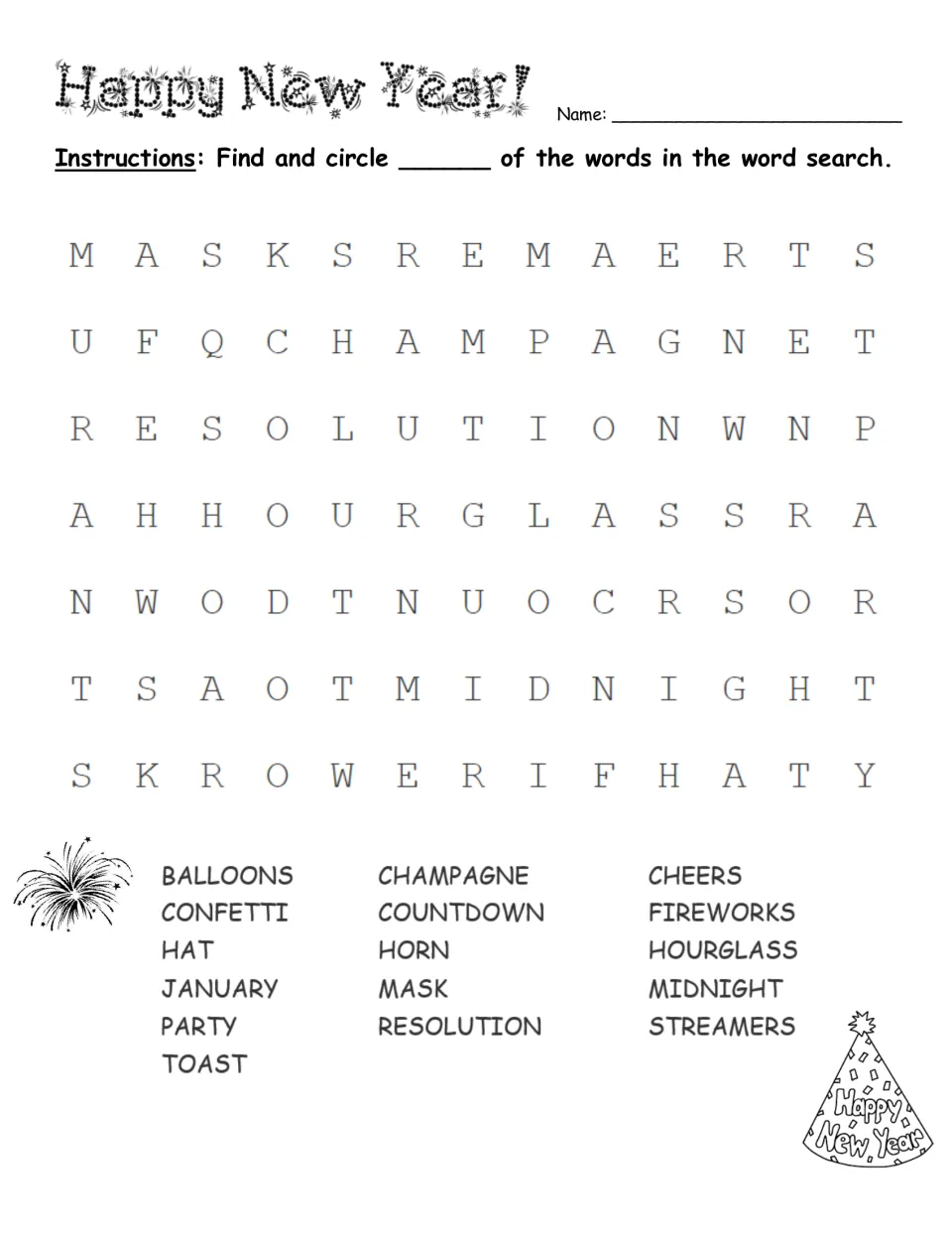 Easy New Year's word search has a blank for the number of words to find and a list including mask and countdown.