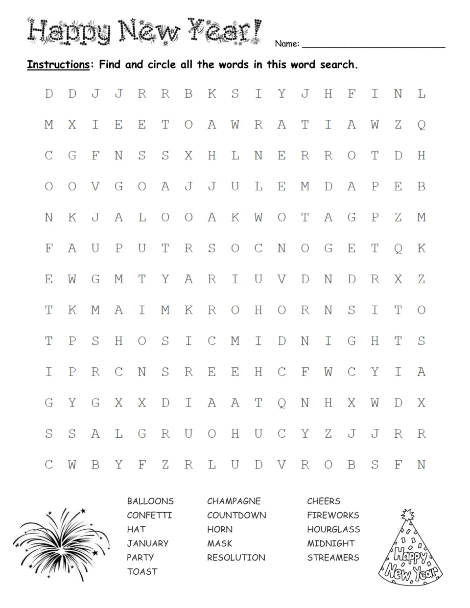 Medium New Year's word search asks students to find all 16 listed words, including balloons, confetti, and cheers.