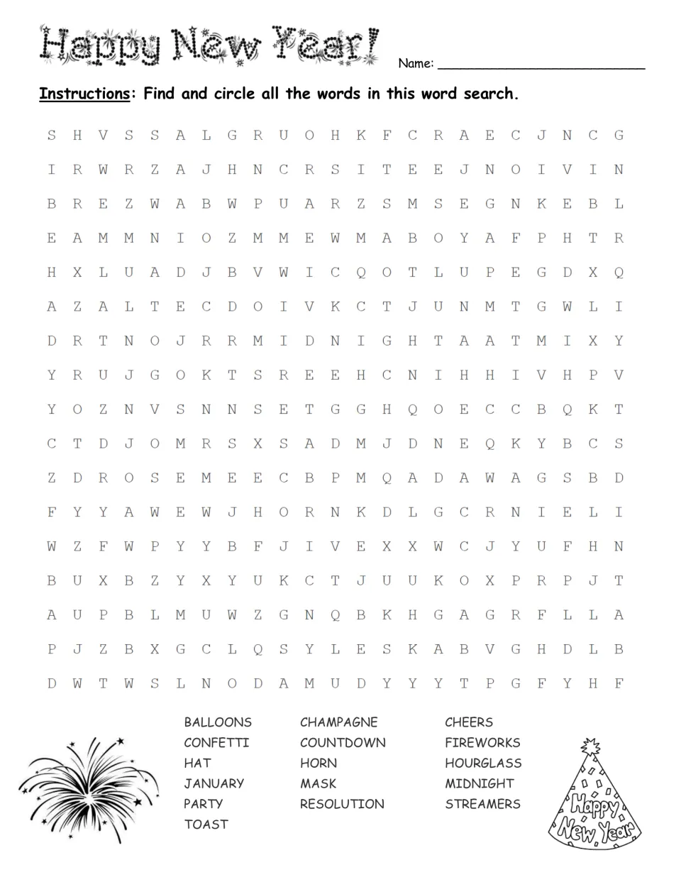 Hard New Year's word search asks students to find all 16 listed words, including January, midnight, and streamers.