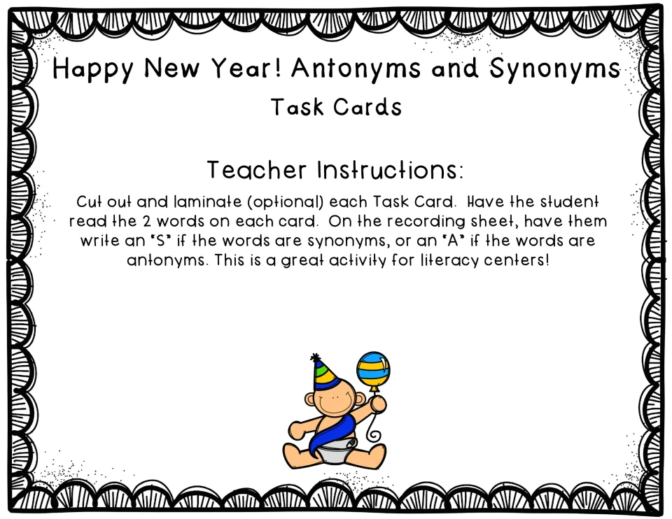 Teacher instructions: cut out the cards; students read both words and record S for synonyms or A for antonyms