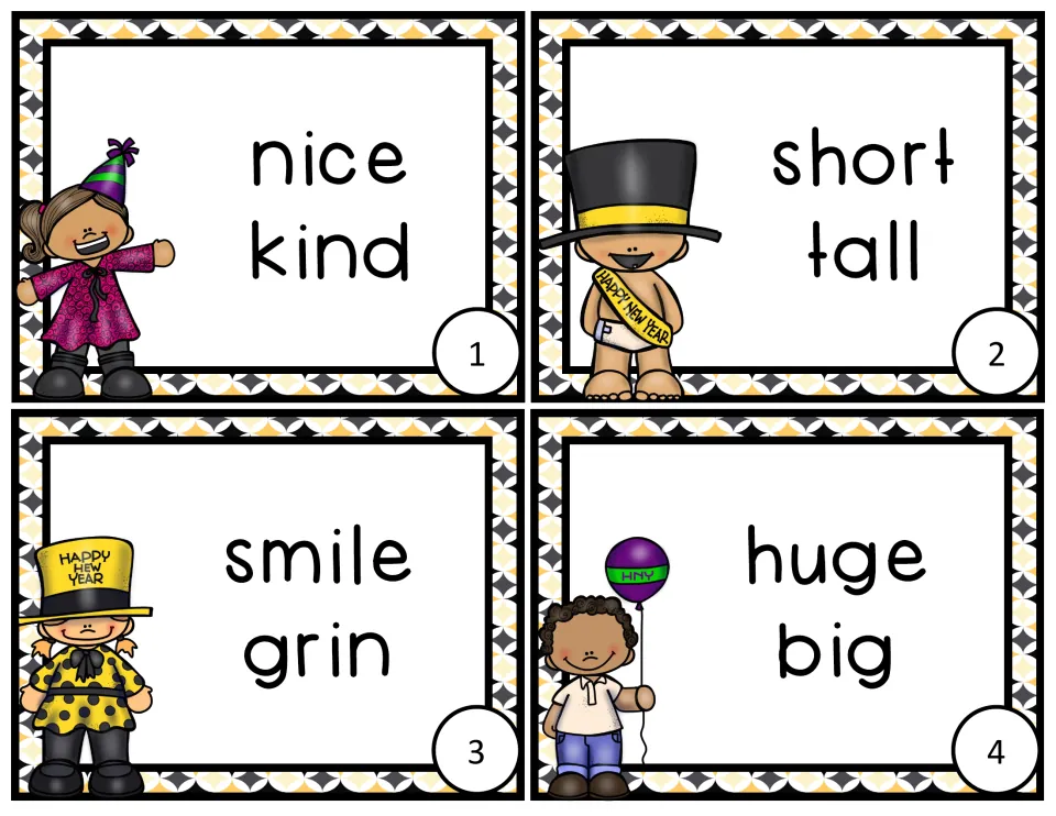 Task cards 1-4 with word pairs nice/kind, short/tall, smile/grin and huge/big to sort as antonyms or synonyms
