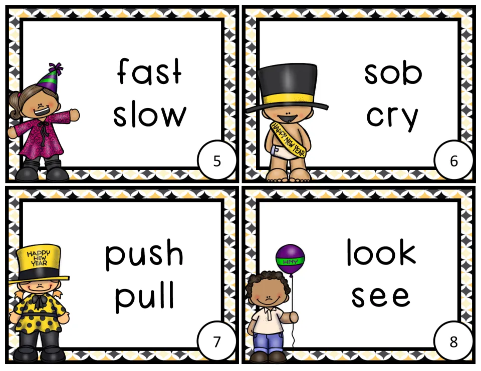 Task cards 5-8 with word pairs fast/slow, sob/cry, push/pull and look/see for deciding antonym or synonym