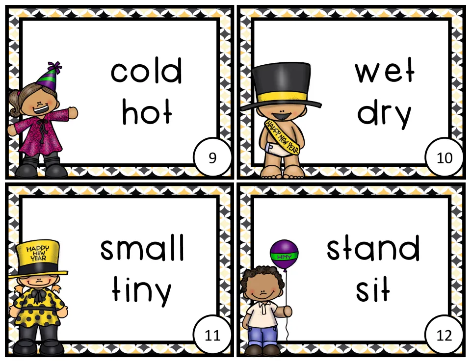 Task cards 9-12 with word pairs cold/hot, wet/dry, small/tiny and stand/sit to label as antonyms or synonyms