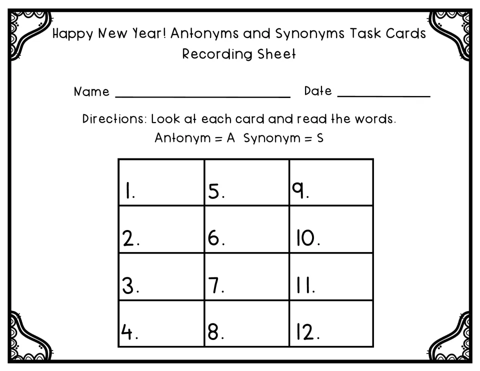 Recording sheet: students write A for antonym or S for synonym beside numbers 1-12 after reading each card