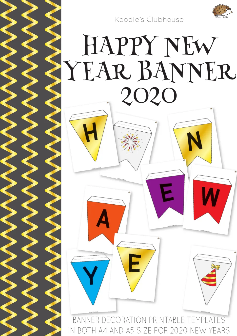 Happy New Year Banner 2020 cover showing letter and celebration pennants, with A4 and A5 sizes listed