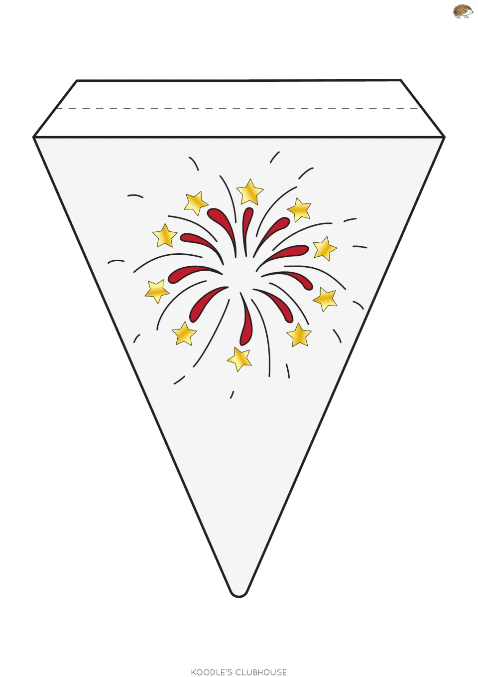 Triangular picture pennant featuring red fireworks and gold stars, a printable piece of the New Year banner