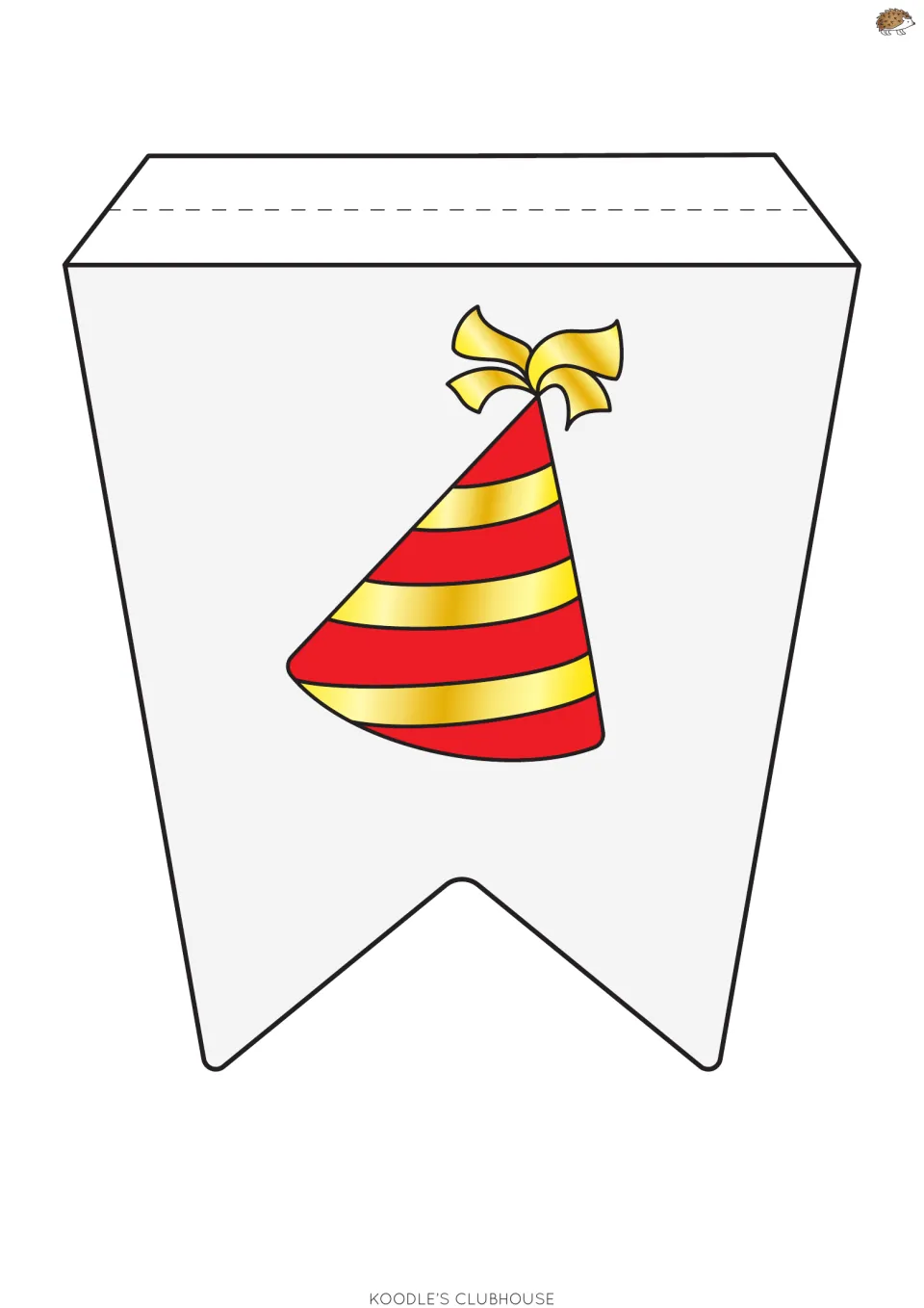 Notched picture pennant featuring a red and gold party hat, one printable piece of the New Year banner