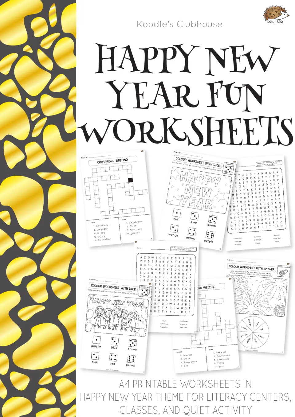 Happy New Year Fun Worksheets cover by Koodle's Clubhouse previewing word searches, crosswords and dice colouring pages