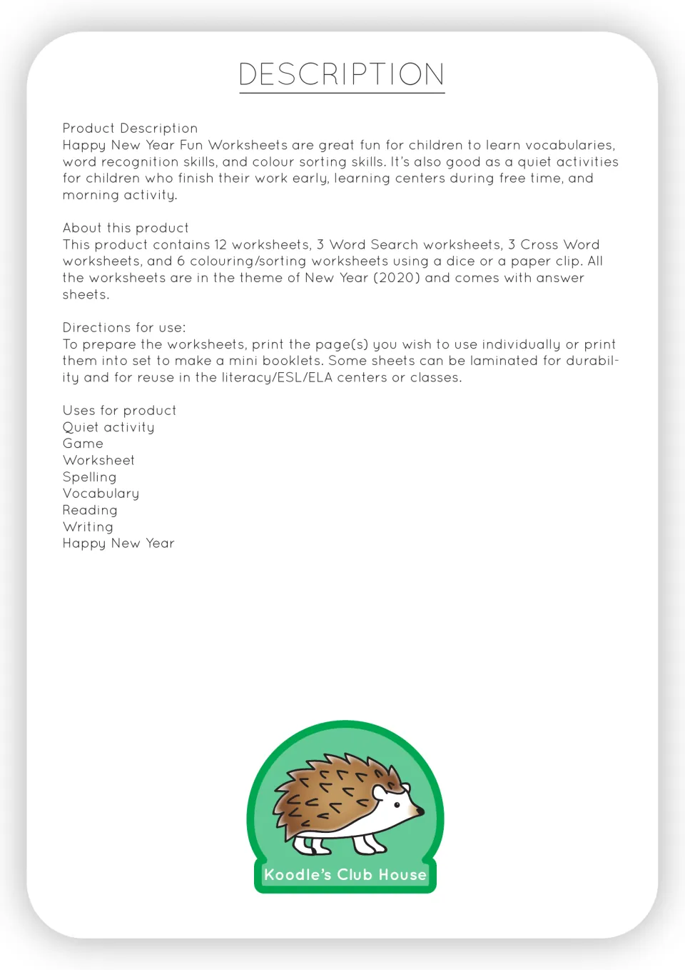 Product description listing 3 word searches, 3 crosswords and 6 colouring/sorting sheets using dice or a paper clip