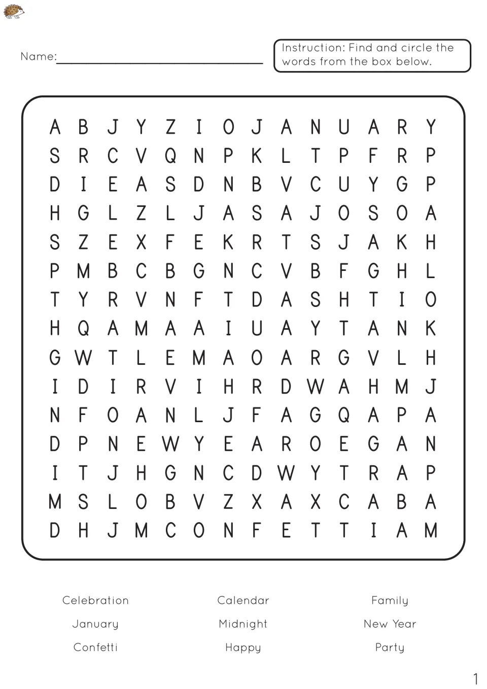 New Year word search 1: students find and circle 9 words such as January, Confetti, Midnight, Calendar and Celebration