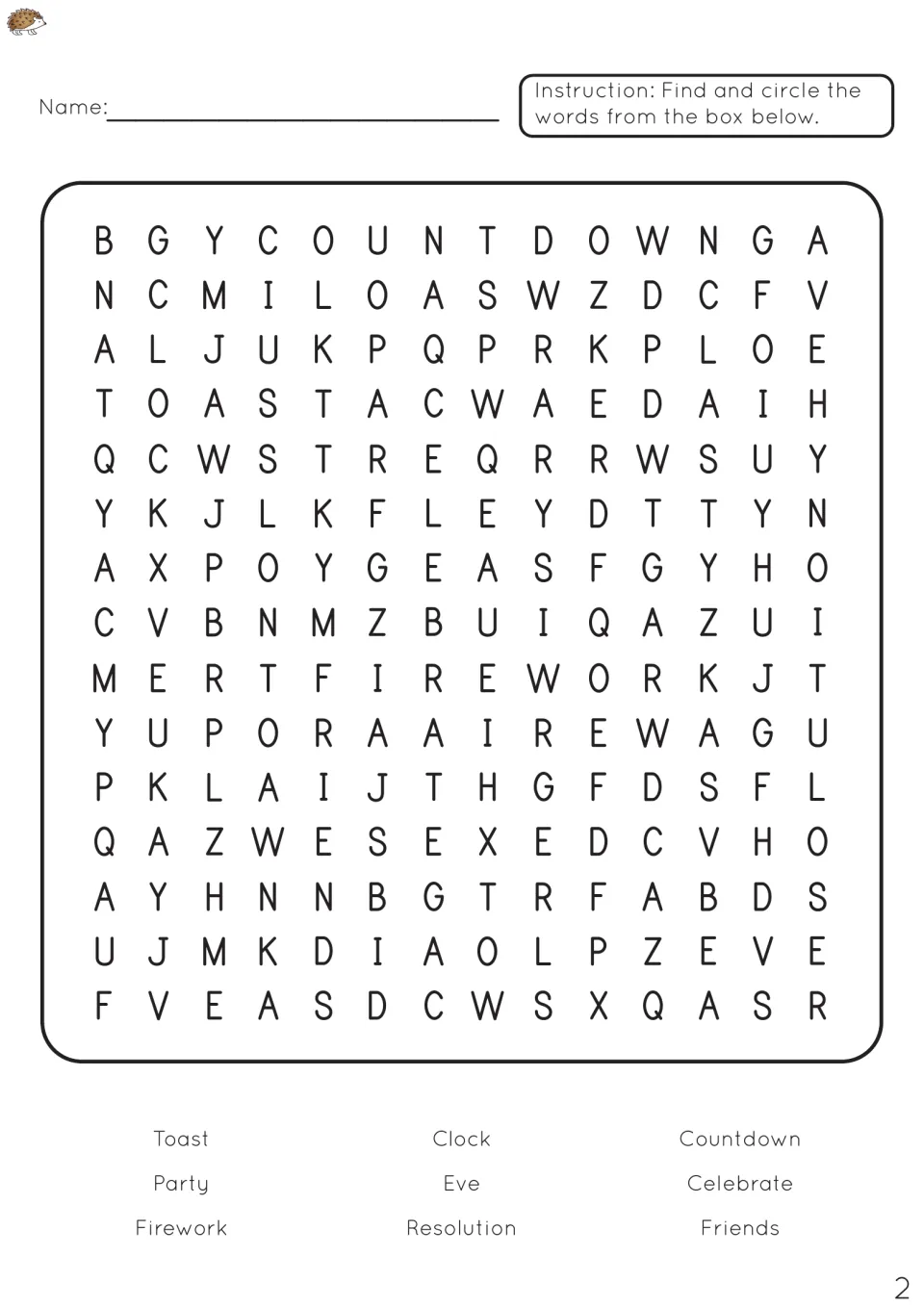 New Year word search 2: students circle 9 words including Countdown, Firework, Resolution, Toast and Eve