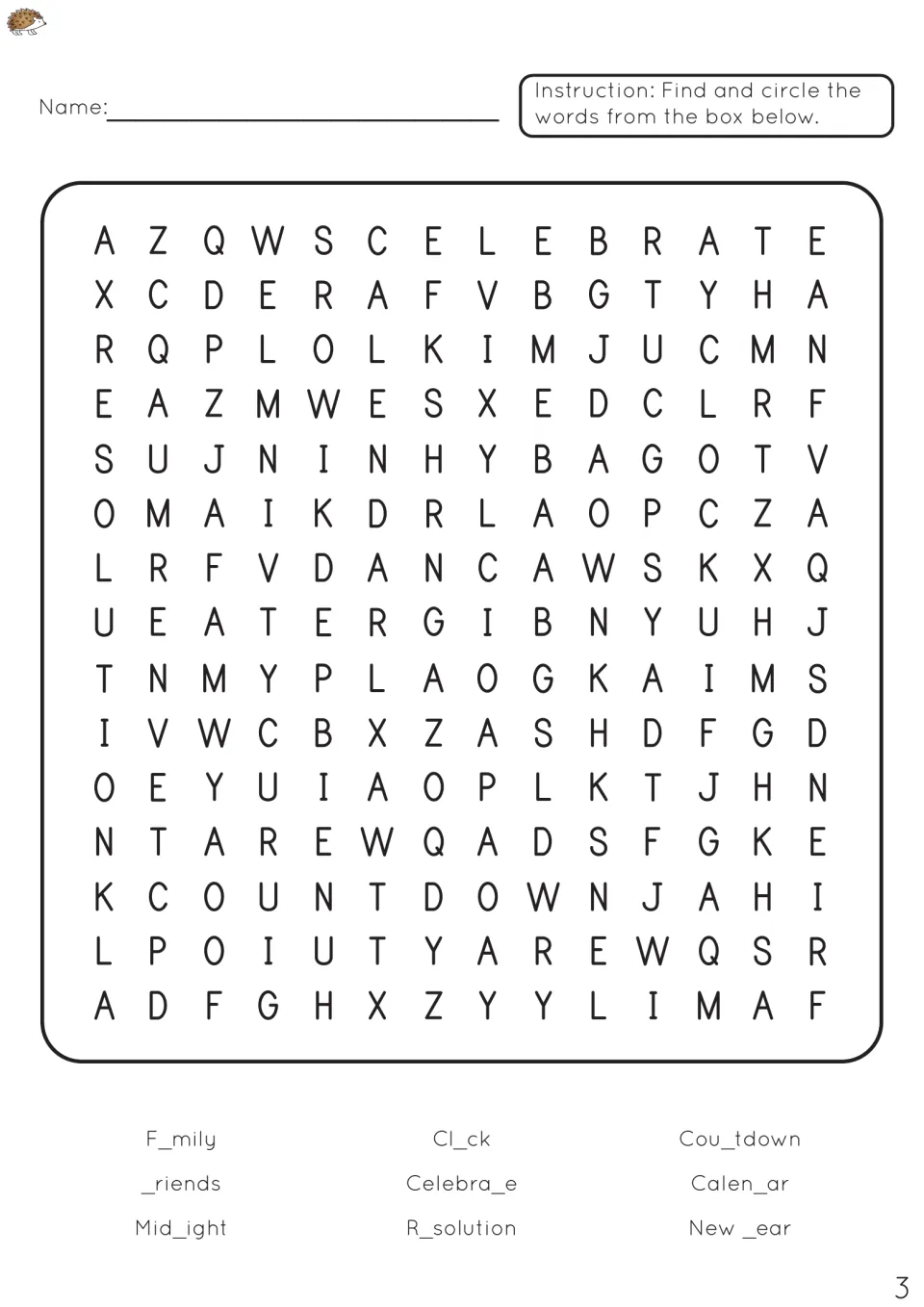 New Year word search 3: students fill the missing letter in words like F_mily and Cl_ck, then find them in the puzzle