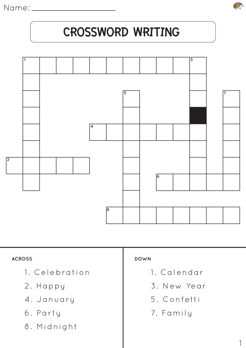 Crossword writing 1: students copy 9 listed words such as Celebration, January, Midnight and Confetti into the puzzle