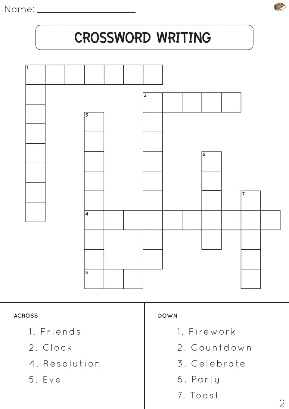 Crossword writing 2: students write 9 words including Resolution, Countdown, Firework and Toast in the crossword