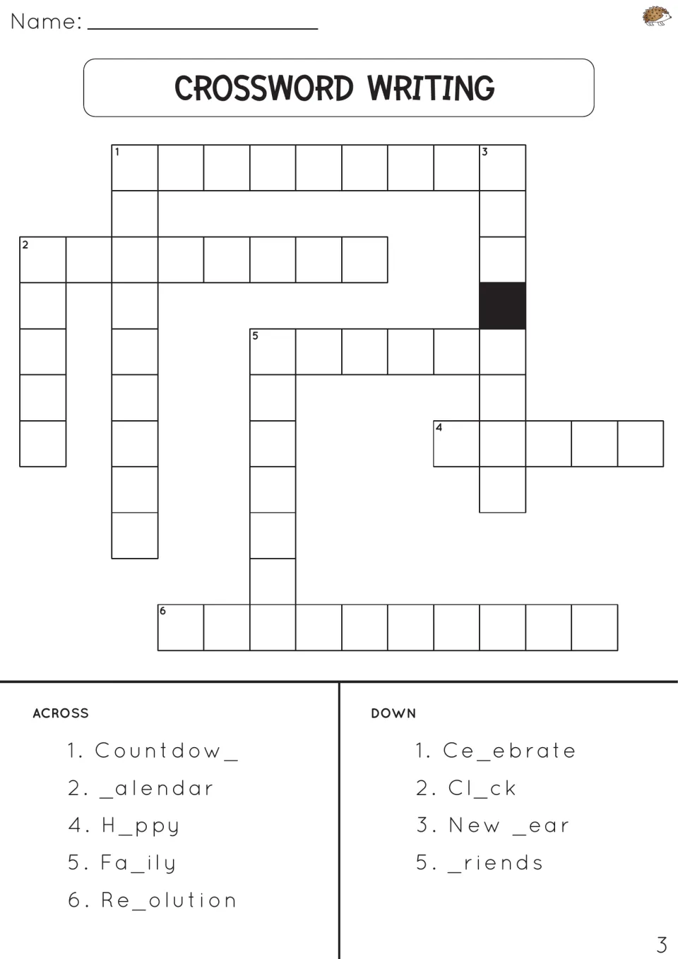 Crossword writing 3: students fill in the missing letter of clues like H_ppy and Fa_ily, then write each word