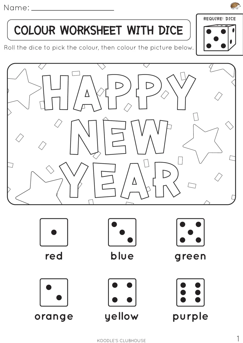 Roll-and-colour: students roll a dice and colour Happy New Year lettering, stars and confetti using a dot-to-colour key