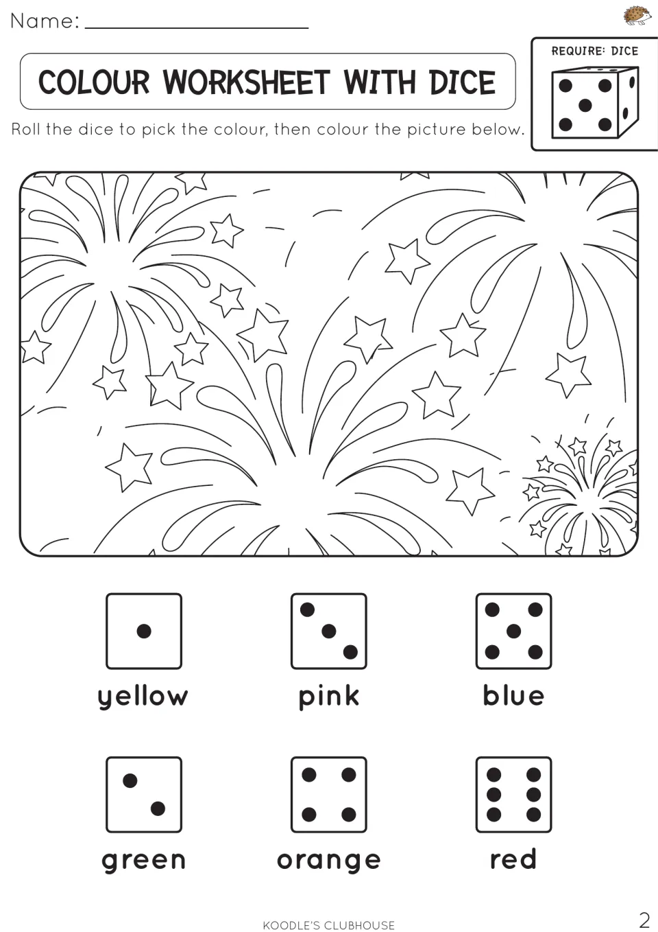 Fireworks roll-and-colour: students roll a dice, read the matching colour word and colour bursting fireworks and stars