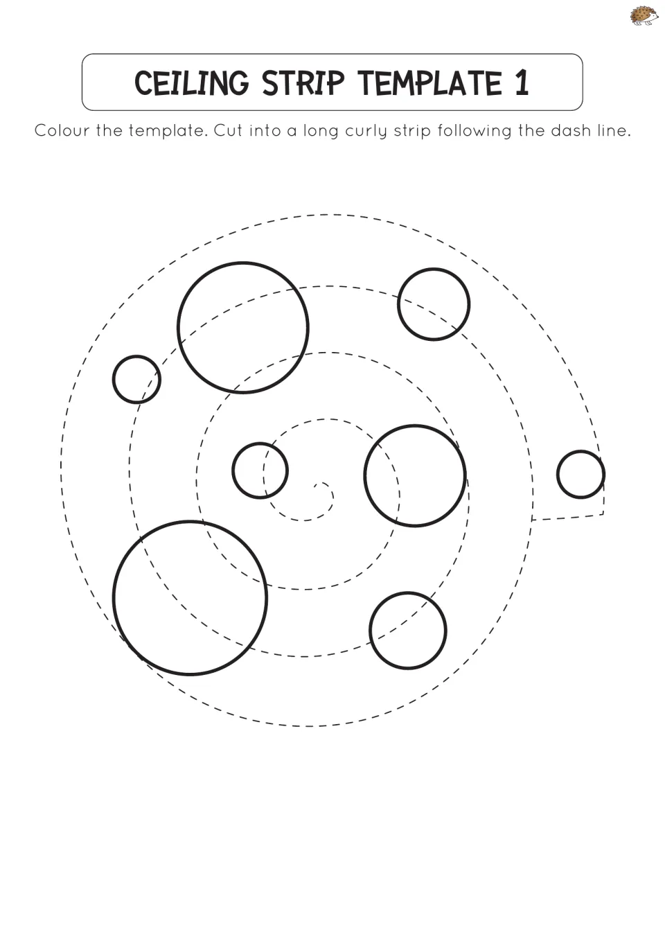Ceiling strip template 1: students colour circles of different sizes on a spiral, then cut along the dashed curly line