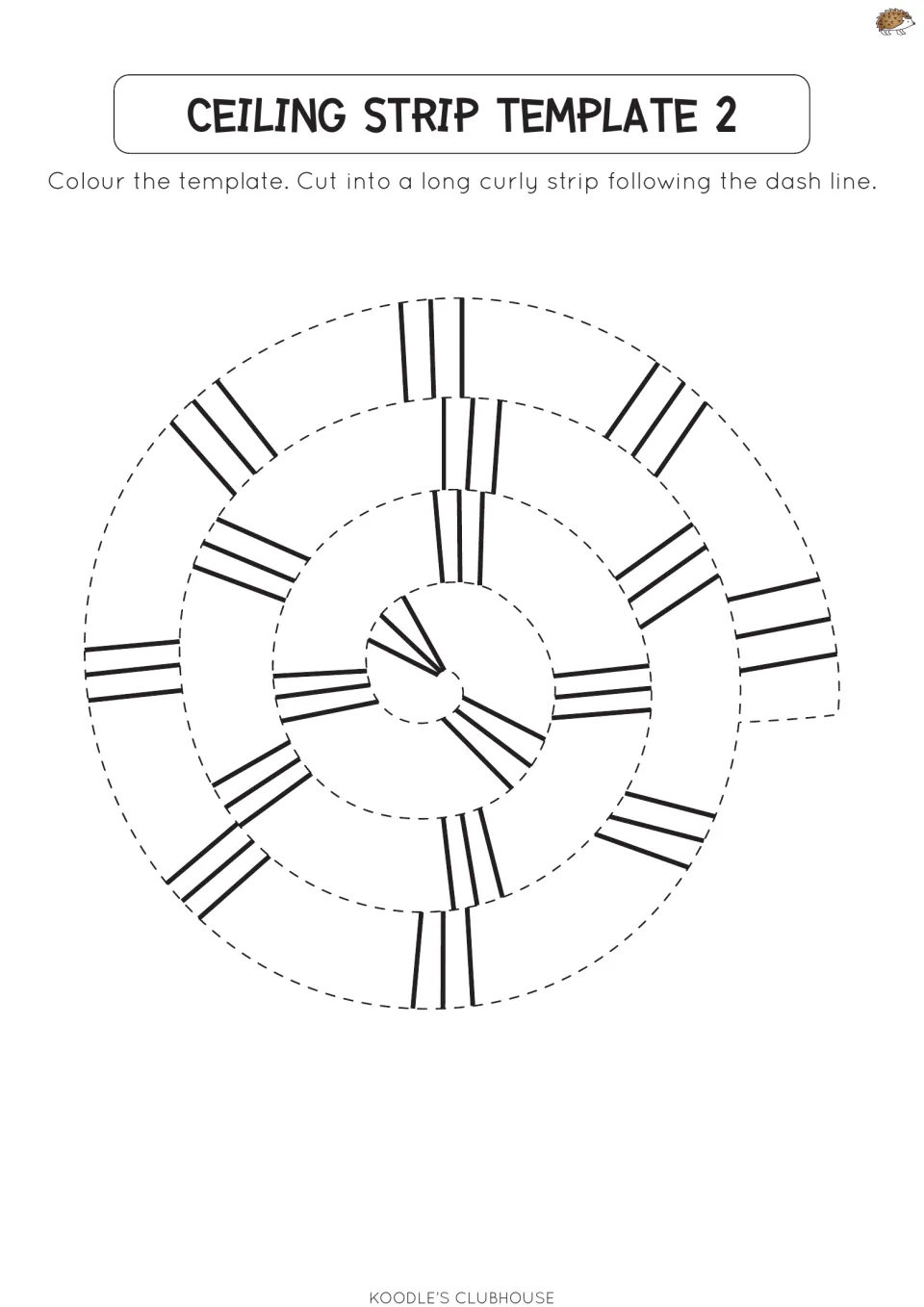 Ceiling strip template 2: a spiral decorated with groups of three straight stripes to colour and cut along the dashed line