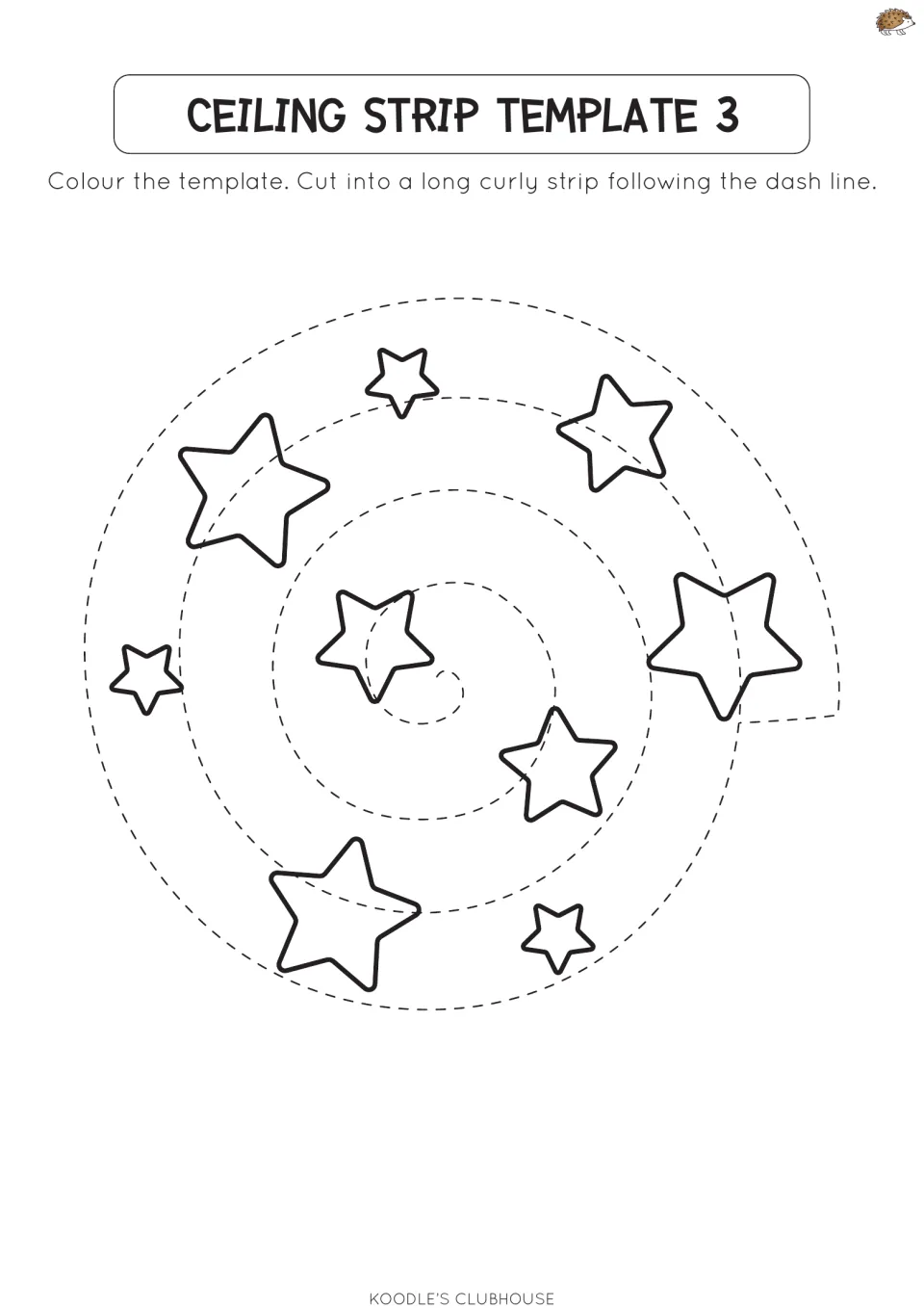 Ceiling strip template 3: large and small star outlines on a spiral that students colour, then cut into a curly strip