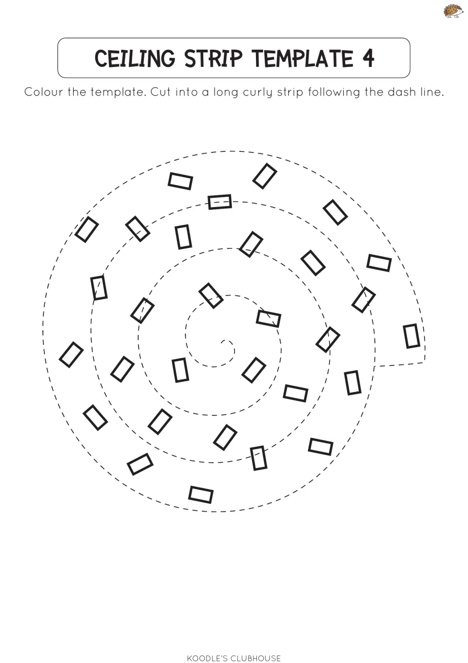 Ceiling strip template 4: scattered rectangles like confetti on a spiral for students to colour and cut along the dashes