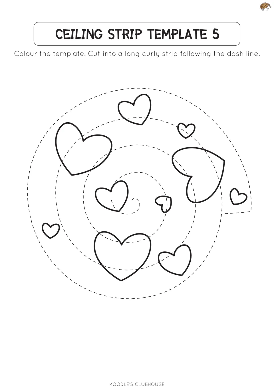 Ceiling strip template 5: heart outlines of various sizes on a spiral that students colour and cut into a long curly strip