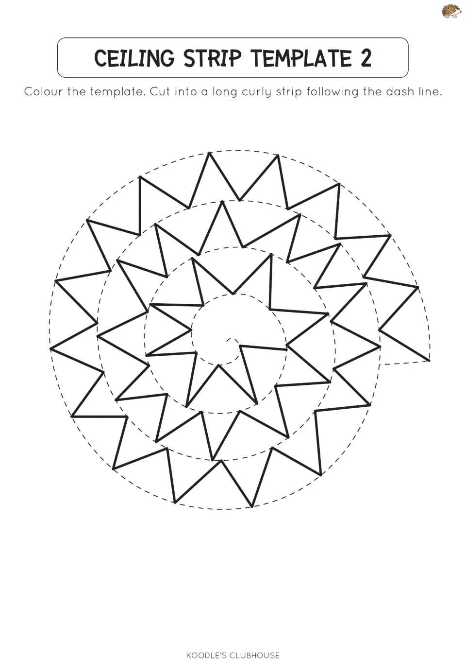 Spiral strip headed template 2 with a zigzag pattern; students colour it and cut along the dashed curly line
