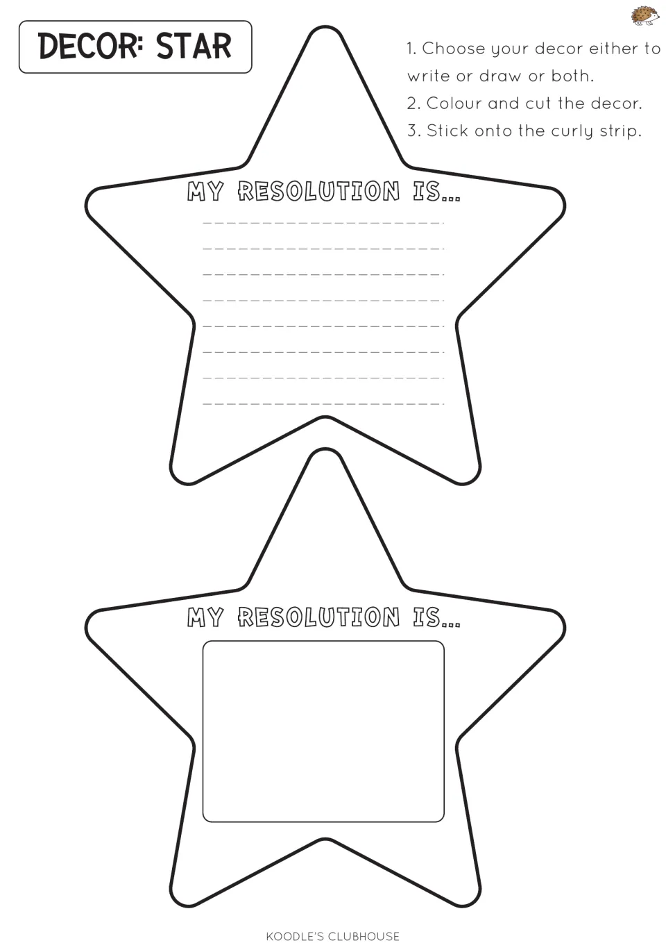 Star resolution cards: students write My resolution is... on the lined star or draw it in the boxed star to hang