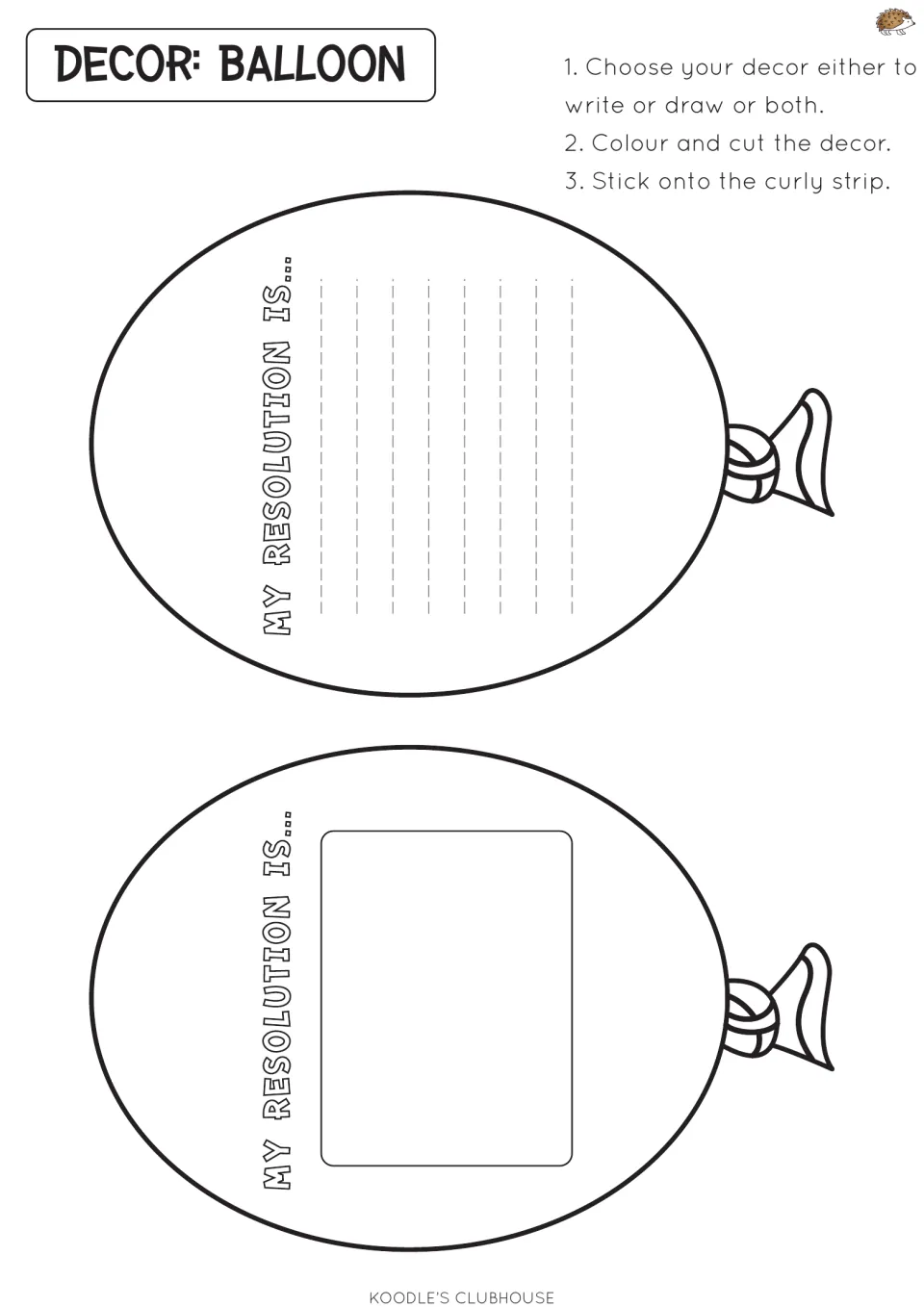 Balloon resolution cards: students write their goal on the lined balloon or draw it in the boxed one, cut and attach