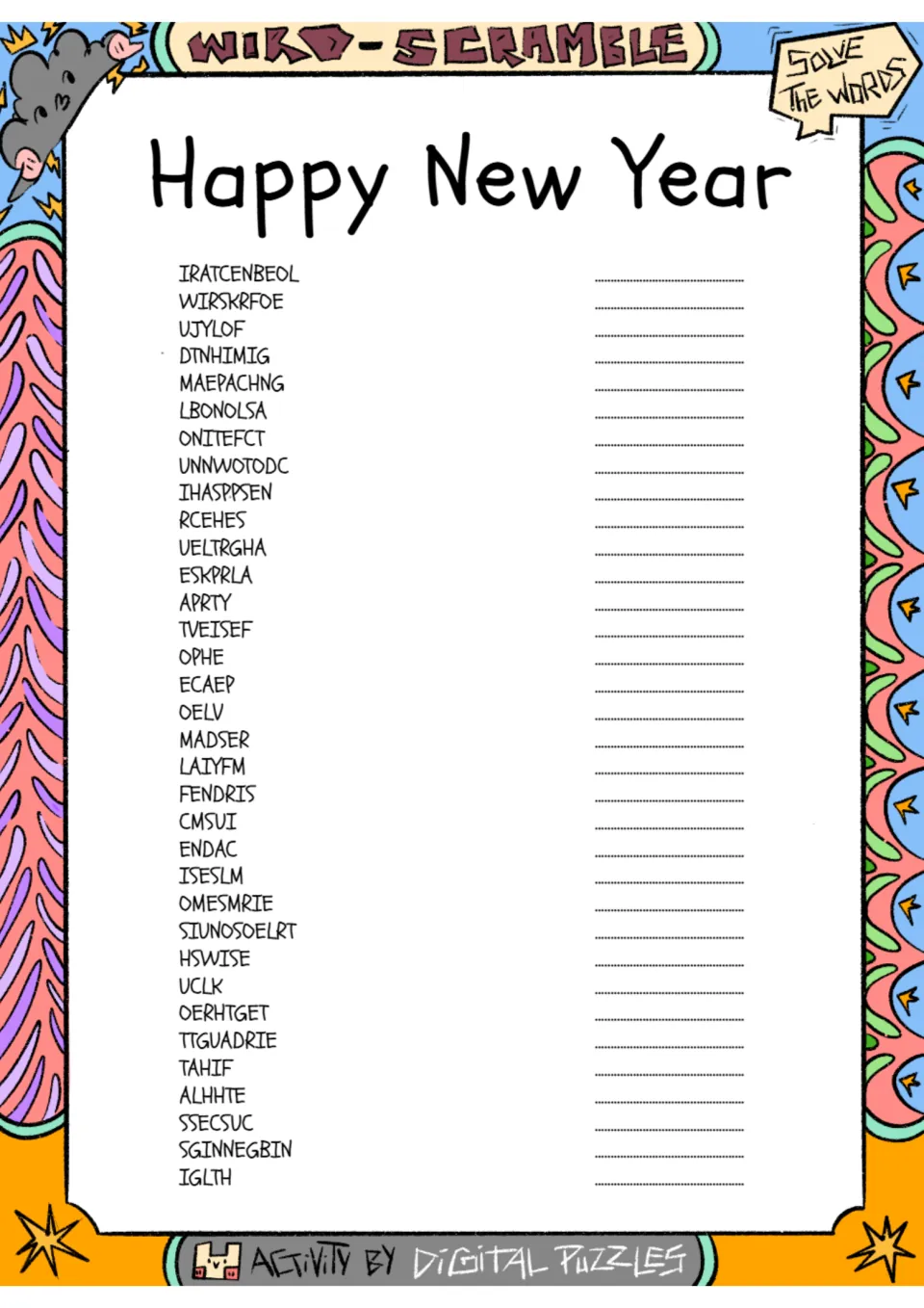 New Year word scramble activity with 34 items, including APRTY, OPHE, ECAEP, OELV, and SIUNOSOELRT.