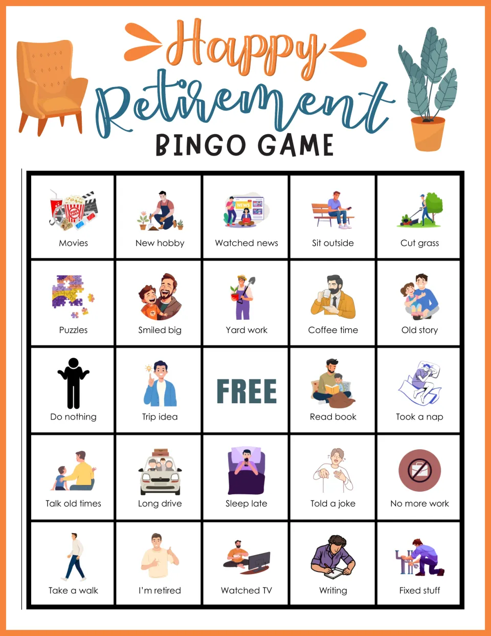 Retirement bingo card with Movies, New hobby and Watched news on top plus Puzzles and Long drive picture squares